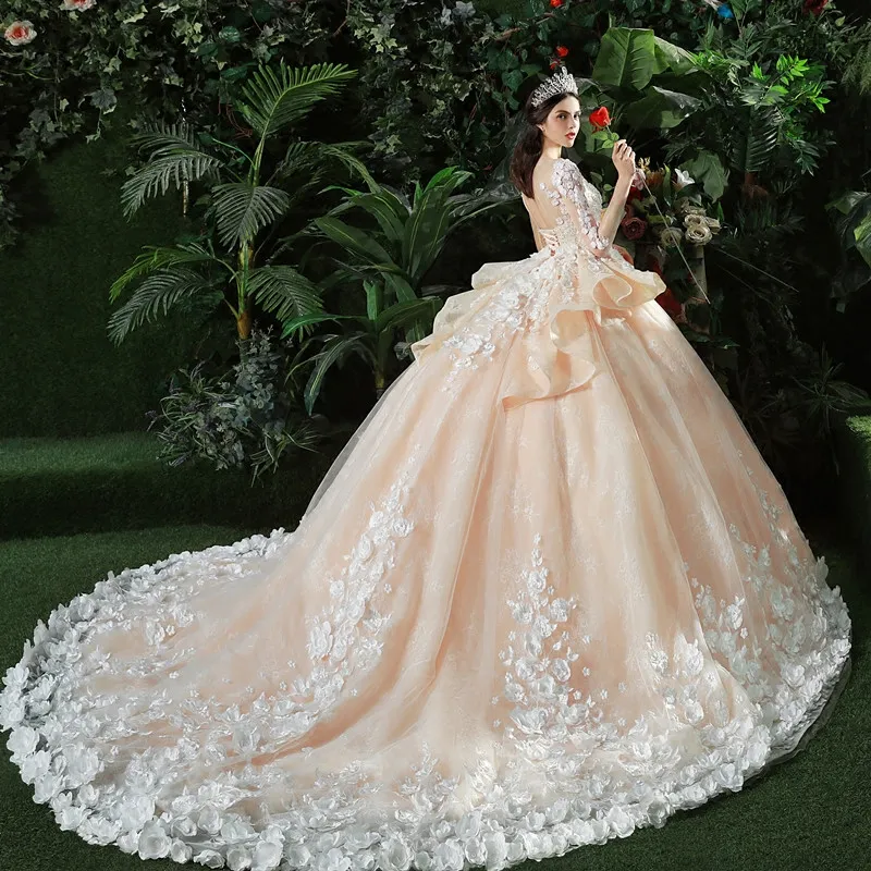 Robes de mariée champagne de luxe demi-manches pure dentelle ivoire appliques robes de mariée froncées sur mesure robes de mariée modestes3300