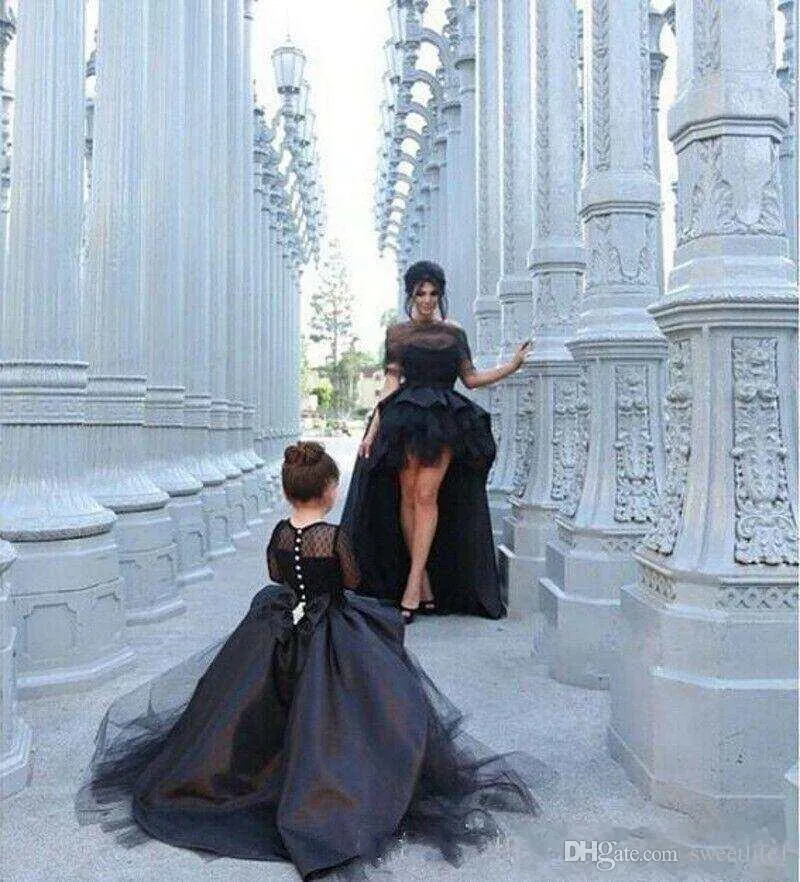 Lange mouwen kleine meisjes Pageant jurken zwart hoge lage juweel bloem meisje jurken voor tieners formele heilige communie jurken