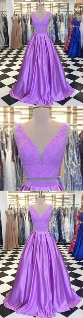Piękny Lilac 2 Sztuka Wieczór Formalna Sukienka 2018 Deep V Neck Satin A Linia Zroszony Cekin Sweep Train Prom Dress
