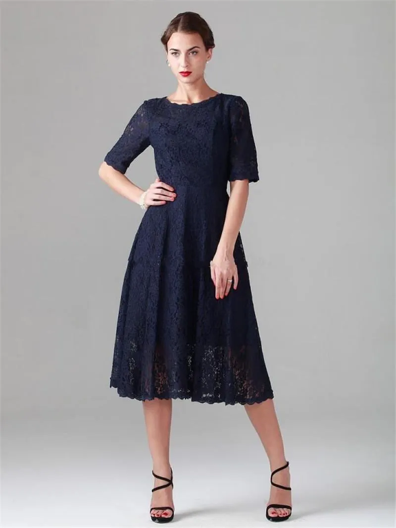 Elegantes Vestidos De Madre De La Novia De Color Azul Marino Oscuro Vestidos  De Cóctel De Encaje Hasta El Té Con Medias Mangas Vestido De Invitada De  Boda De Talla Grande De, image size:800x1066