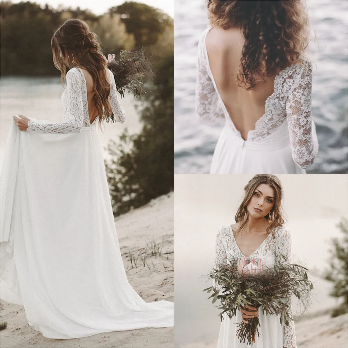 Peri Çarpıcı Derin V Boyun Vintage Plaj Gelinlik Dantel Uzun Kollu Tam Boy Yaz Boho Seksi Backless Gelin Törenlerinde Pretty Ülke