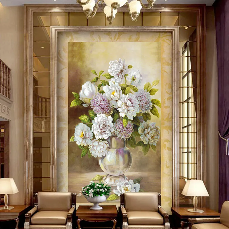 European Style Vase Flower Oil Painting Mural Wallpaper Living Room Hotel Entrance Corridor Background Wall Paper Home Decor 3 D