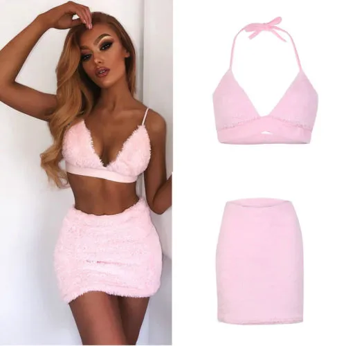 2018 nouveau Sexy femmes rose fourrure v tements ensemble t Clubwear sangle licou haut court soutien gorge Mini jupe moulante dame soir e