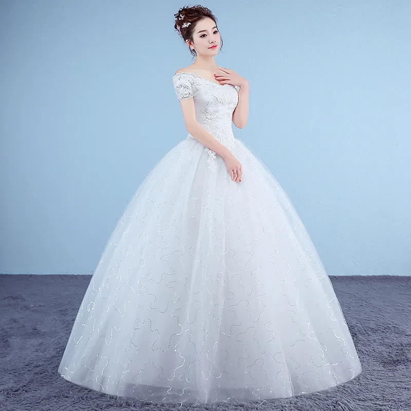 Nouveau Bateau Cou Robe De Mariée Brodée 2018 Organza Et Tulle À Lacets Ball Blanc Princesse Pas Cher Robes De Mariée Robe De Noiva