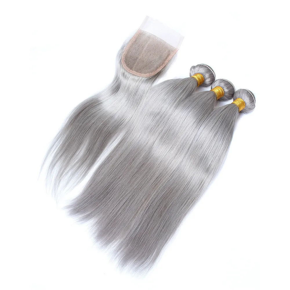 Brazylijskie srebrne szare ludzkie włosy splaty z górnym zamknięciem proste szare kolorowe wiązki włosów dziewicze zajmują 3 pc.