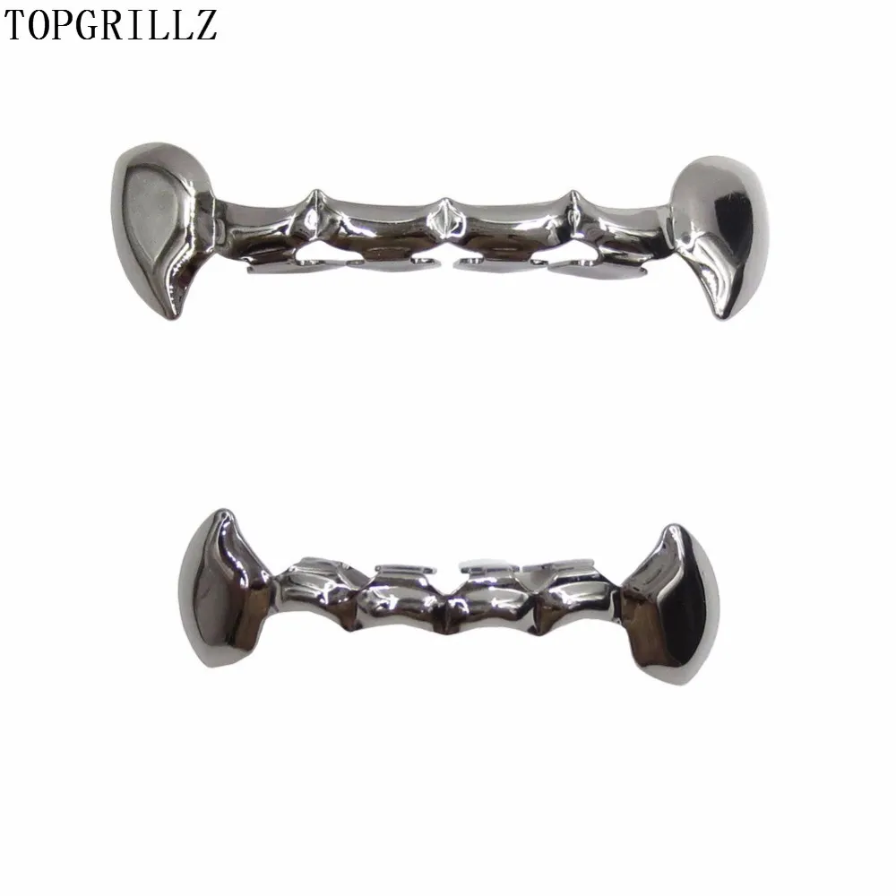 TOPGRILLZ Hip Hop Fang Teeth Grillz Set Gold Color Plated Half Teeth Dracula Vampire Fangs Slim Grills Gold Top & Bottom Grillz Teeth Set