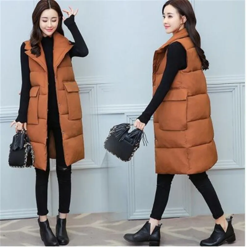 Gilet long pour femmes Ultra léger en duvet femme femelle vers le bas de manteau long sans manches minces sans veste de collier