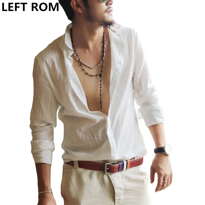 LEFT ROM Cotton Linen Shirts Man Summer White Shirt Social Gentleman Shirts Men Ultra Thin Casual Shirt British Fashion Clothes