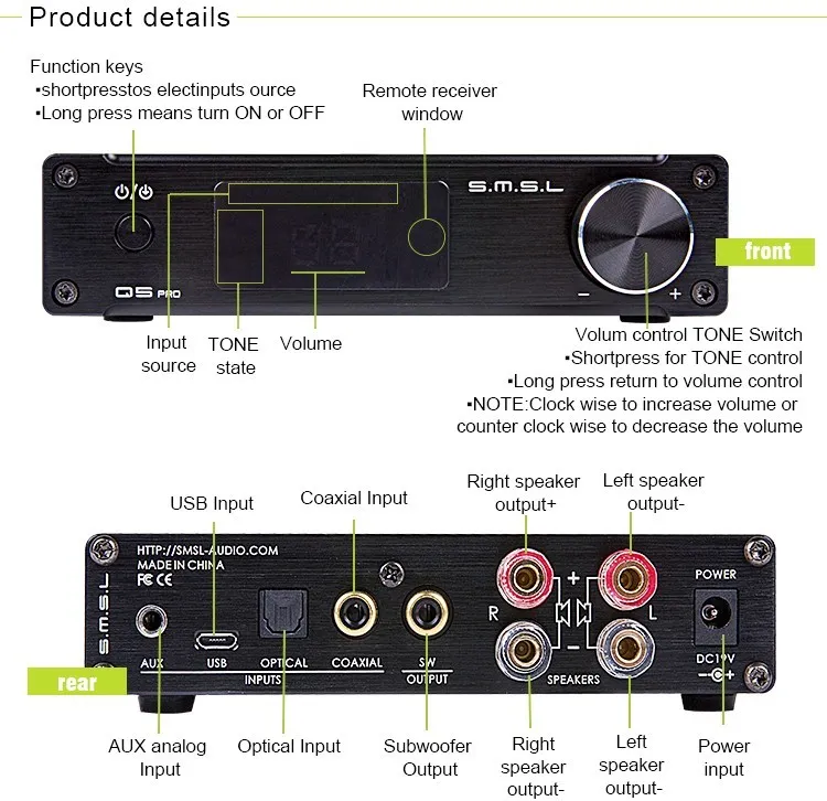 SMSL Q5 Pro 45W2 HiFi 2.0 Pure Mini Home Digital Audio Power Amplifier 24bit96kHz USB DACOpticalCoaxial With Remote Control 2