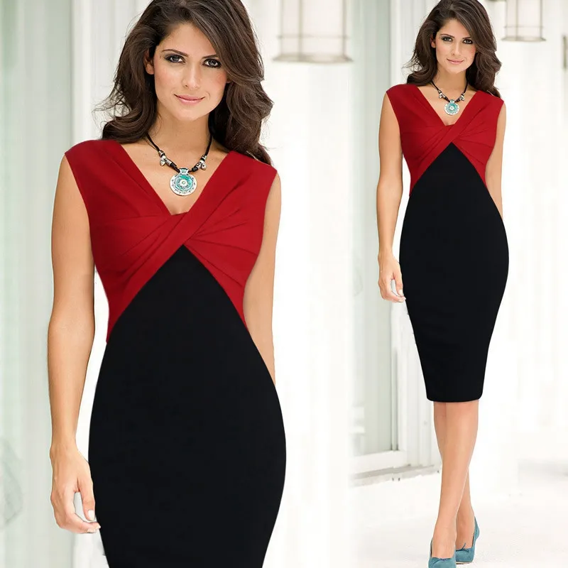 Abito da donna elegante sexy con scollo a V con volant increspato senza maniche da lavoro attillato aderente slim Wiggle Pencil aderente vestito intero