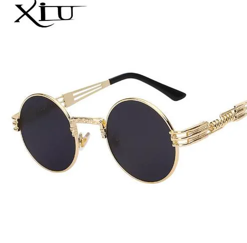 Gafas de sol redondas XIU para hombre y mujer, gafas de sol de Metal Punk Vintage, gafas de moda, lentes de espejo, gafas de alta calidad UV400