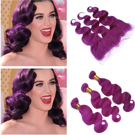 Purple Color Indian Ciała Fala Ludzki Wail Extensions Weft Rozszerzenia z frontal czystym purpurowym 13x4 pełna koronkowa zamknięcie czołowe z wiązkami dziewiczych włosów