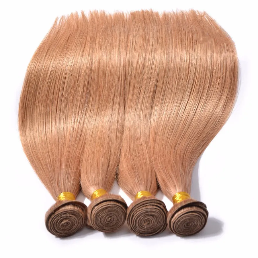 Honey Blonde Straight Hair Extension Color #27 Silk Straight Brazilian Virgin Unprocess Human Hair 3Bundles Strawberry Blonde Hair Weft