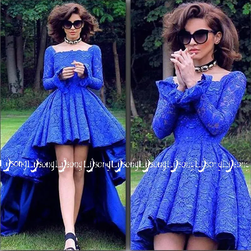 Royal Blue Lace High-Low Bal Sukienka Wysokiej Jakości Długie Rękawy Long Back Short Front Formalne Suknie Wieczorowe Maxi Gown Vestidos de Festa 2018