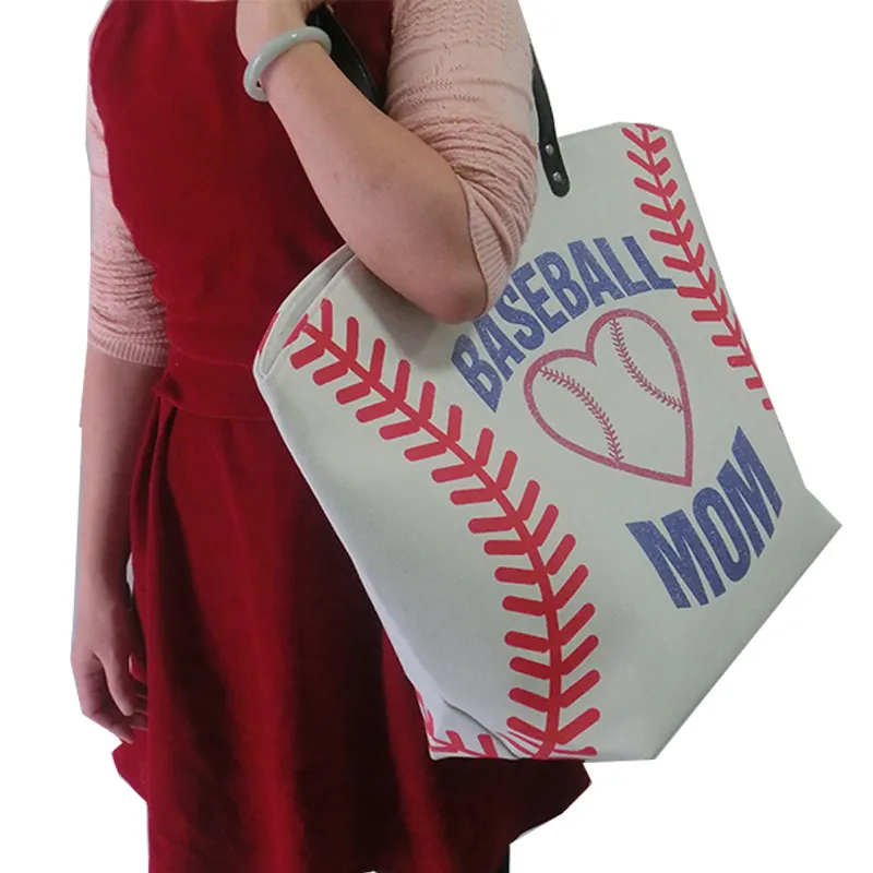 2018 Ny design kanfas fotboll baseball softball tote bag för mamma sport tote handväska sömmar kvinnor bomull duk väska