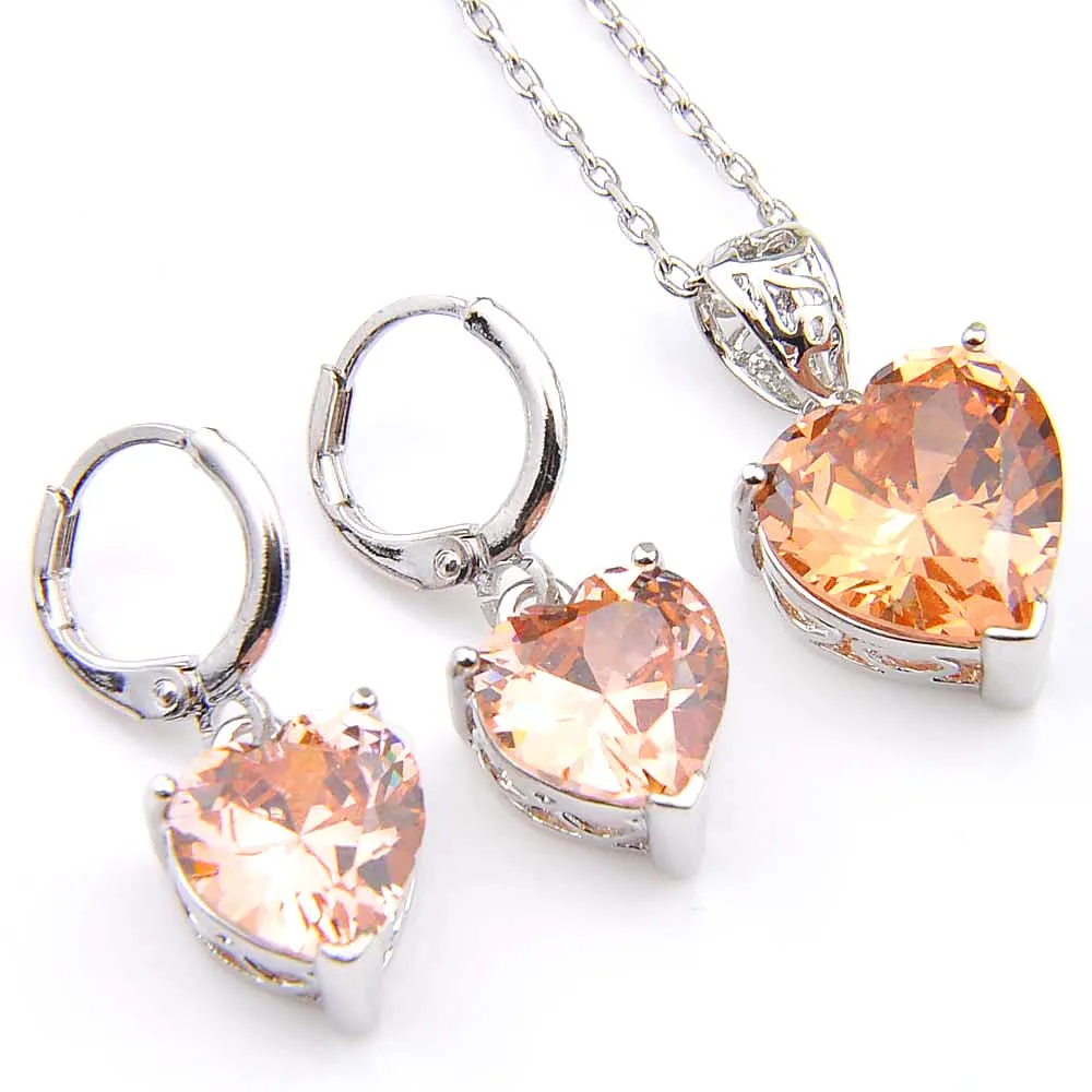 Novel Luckyshine 5 Sets Fashion Heart Morganite Crystal Cubic Zirconia 925 Silver Pendants Necklaces Earrings Gift Wedding Jewelry Sets