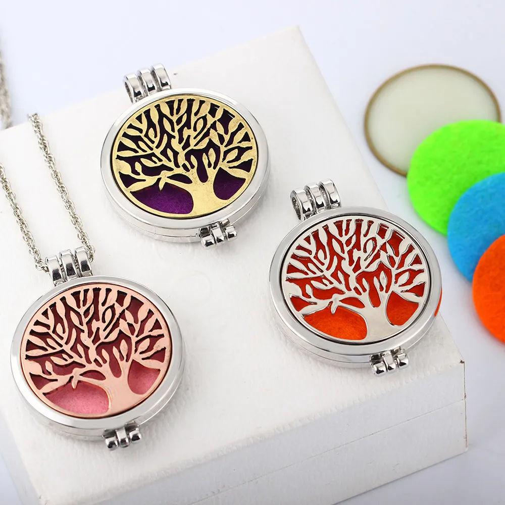 Tree of life Aromatherapy Essential Oil Diffuser Necklace Locket Pendant 316L Stainless Steel Jewelry with 24" Chain and 6 Washabl