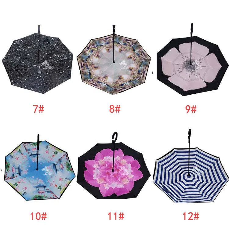 High Quality Windproof Reverse Folding Double Layer Inverted Chuva Umbrella Self Stand Inside Out Rain Protection C-Hook Hands