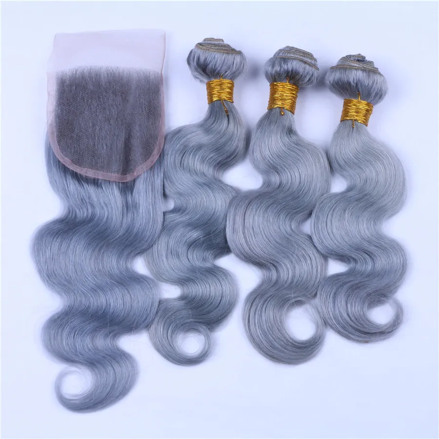 Ruma Hair Sliver Grigio Colore puro Capelli vergini peruviani 3 pacchi con chiusura in pizzo Capelli economici onda del corpo con chiusura in pizzo 4 * 4