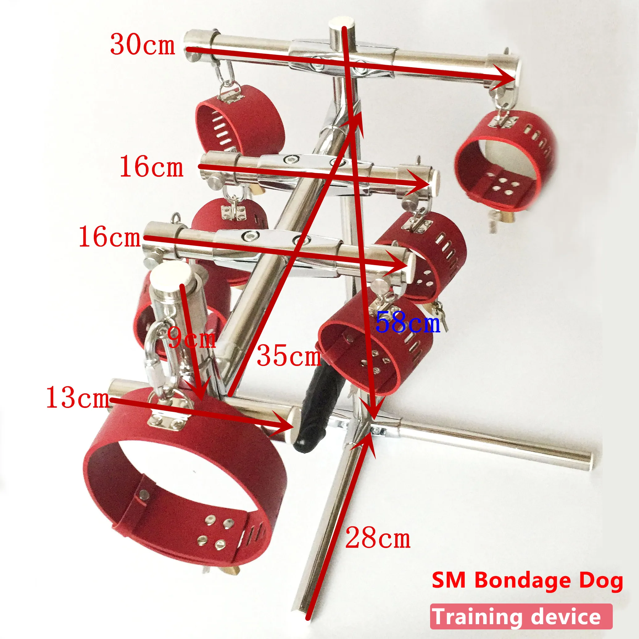 Rostfritt stål Rod Portable SM Bondage Dog Training Device med läder Anklet Manschetter Krage och Dildo Harness Sexmöbler
