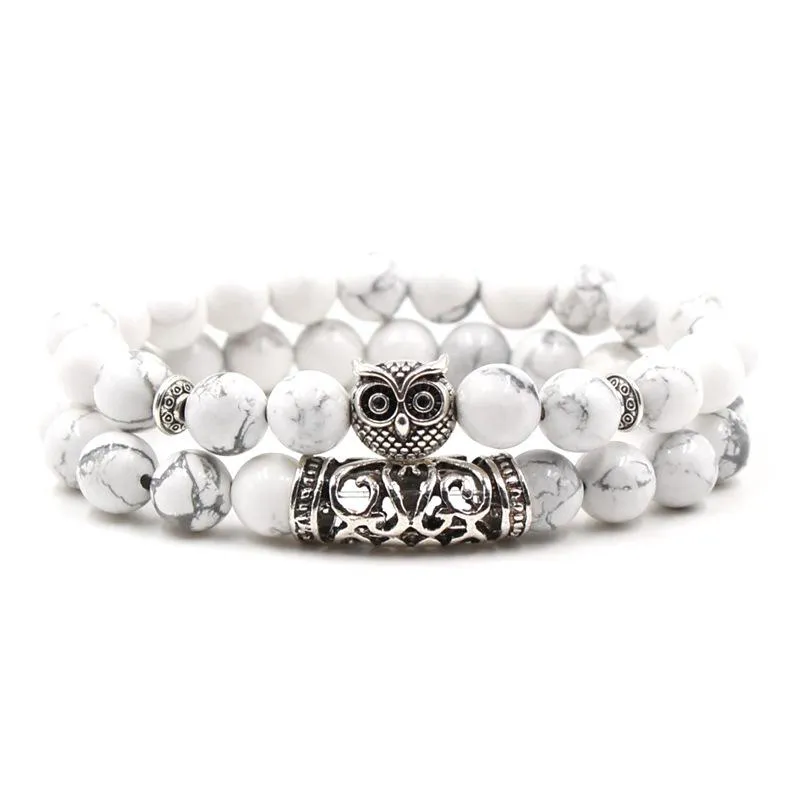 New White Turquoise Bracelet 8mm Natural Stone Bracelet Owl Lion Skull Punk Bangles For Women & Men Gift