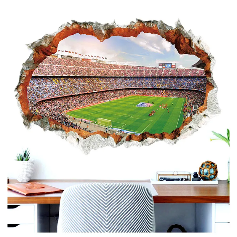 3D Stereo Cracked Wall View Football Field Wandaufkleber Hausdekoration Wand Wandbildplakat Kunst Wohnzimmer Schlafzimmer Bürodekor Wallpap3634649