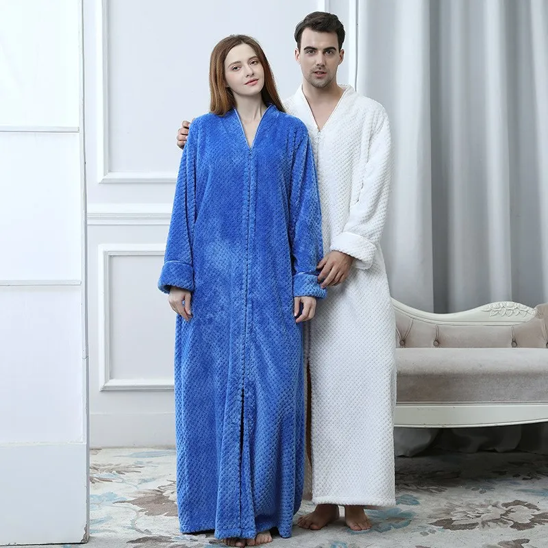 Liefhebbers Vrouwen Mannen Winter Plus Size Bath Robe V-hals Dikke Warme Flanel Bathrobe Rits Lange zwangere bruiloft gewaden