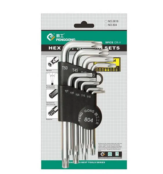 9PCS L-shape Hex key Set Torx Star Hex Wrench Tool Set with Holes Hardware Tool Kit - Silver + Black Clip