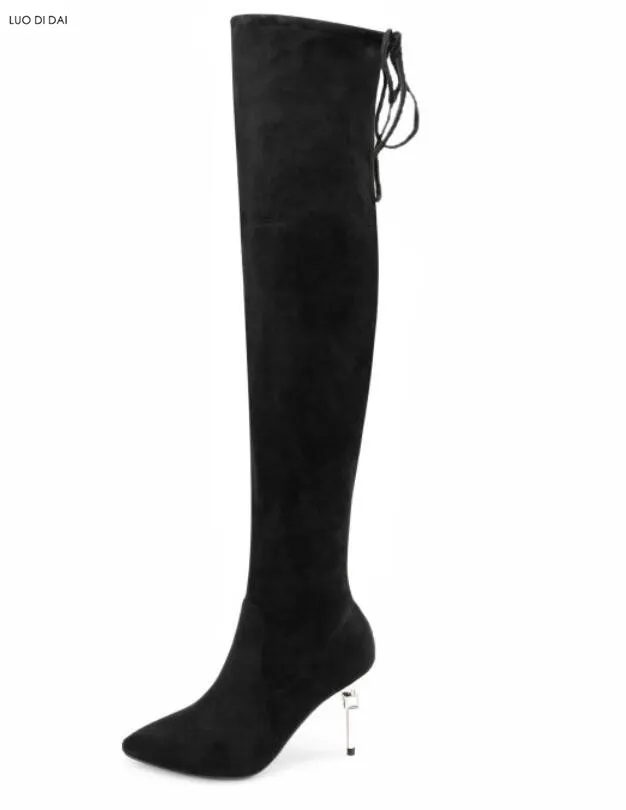 2018 nya damer Point Toe Lång stövlar Elastisk tyg Lår Hög Stövlar Zip Up Metal Heel Women Booties Over Knee High Mujer Botas