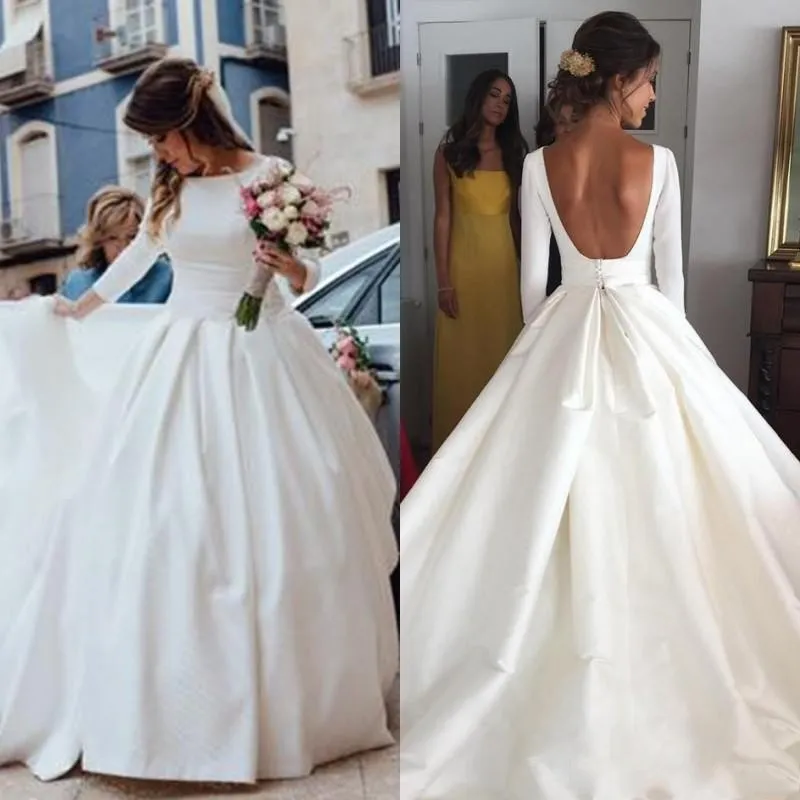 Robes de mariée simples en satin pas cher 2018 nouvelle mode Grace une ligne manches longues robe de mariée dos nu sexy robes de mariée royales sur mesure