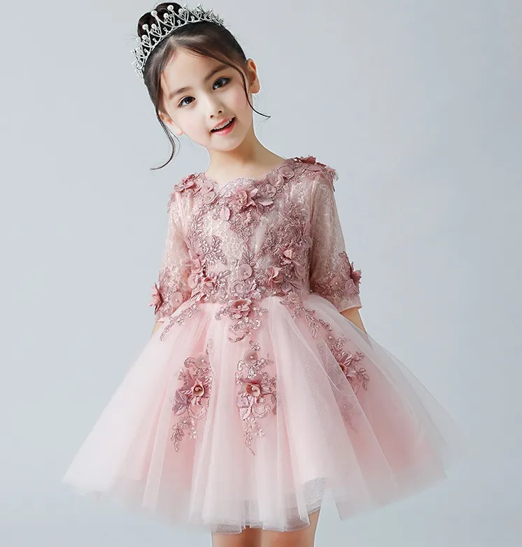 New Arrival 3D Appliqued Flower Girls Dresses For Weddings Lace Short Toddler Pageant Gowns With Half Sleeves Beaded A Line Kids Prom Dress