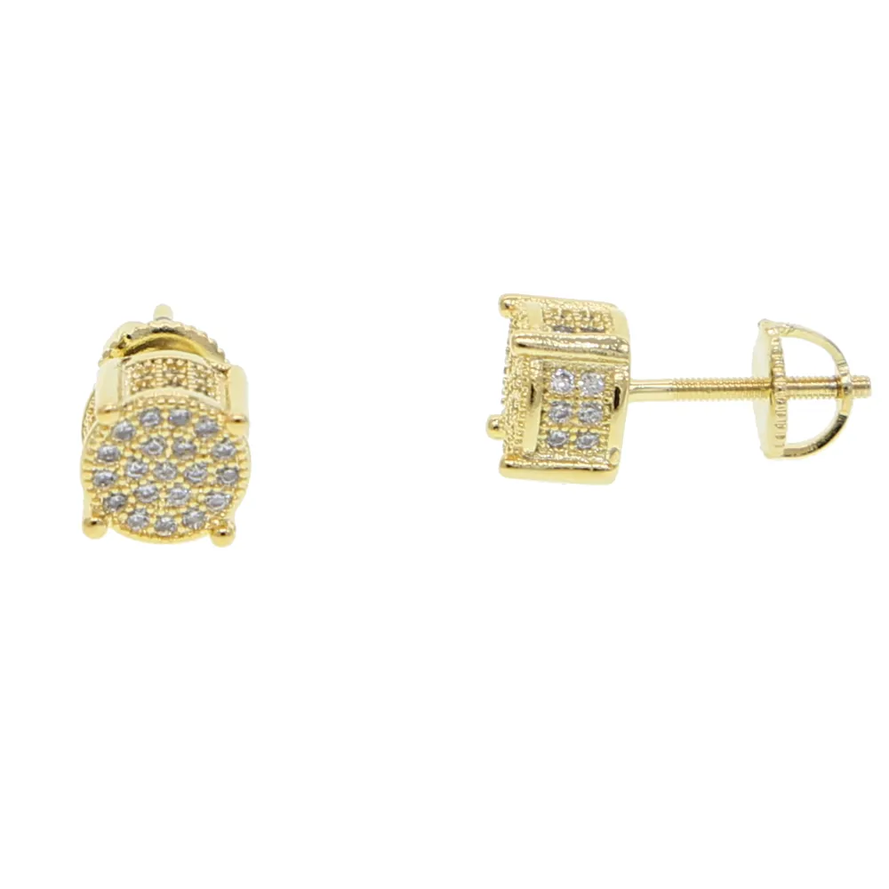 Hip hop mens gold round earring with cz mirco paved square shape iced out screw back stud earrings