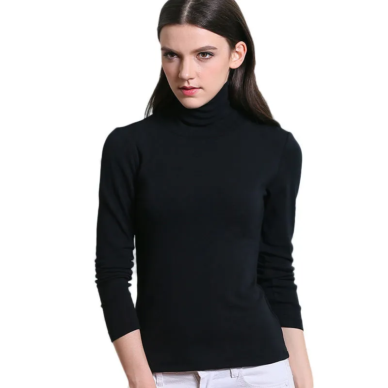2017 automne hiver col roulé T-shirt femmes à manches longues coton T-shirt velours épaissir grande taille tricoté hauts bas t-shirts
