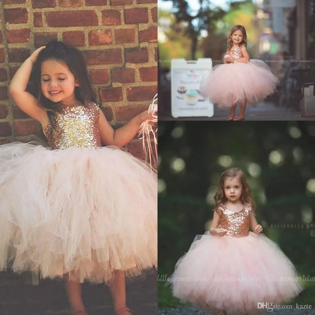 Blush Rosa Tutu Criança Infantil Flor Meninas Vestidos Sparkly Rose Gold Lantejoulas Little Princess Primeira Comunhão Vestido de Festa de Casamento