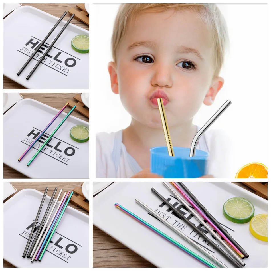 Stainless Steel Drink Straw 6*0.5*215mm Reusable Rainbow Gold Metal Straight Bend Straws Drink Tea Bar Drinking Straws OOA5116