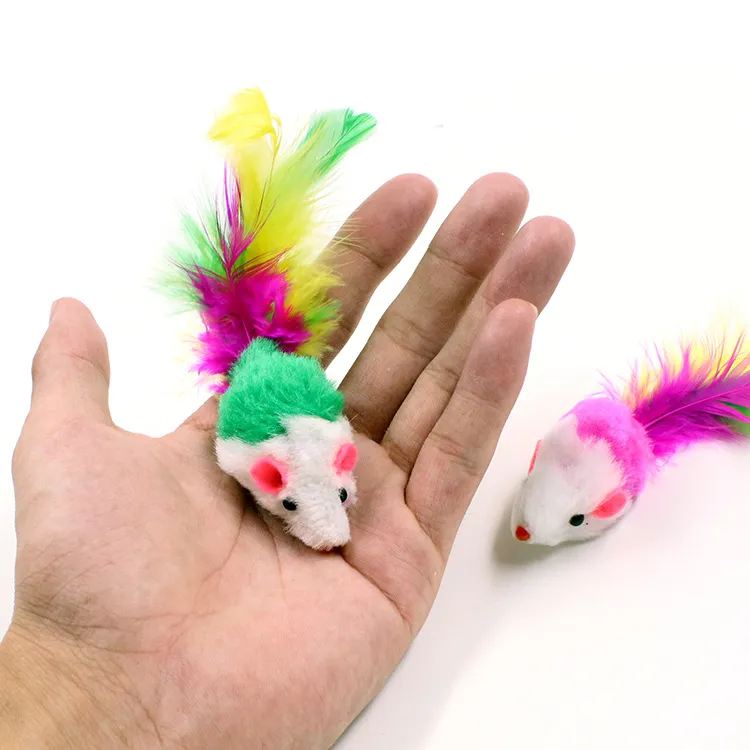 Cuter färgglad mjuk fleece falska mus leksaker för kattfjäder rolig spelande husdjurskatt små djur leksak kattunge