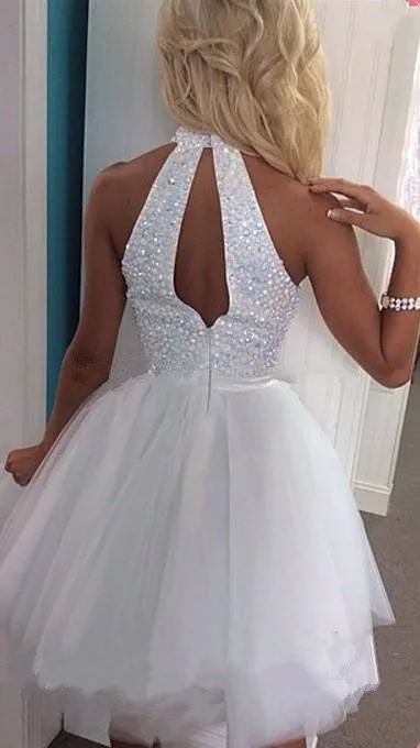 Sparkling Sequins Beaded Homecoming Dresses 2019 Halter High Collar Zipper Back Cocktail Party Gowns A Line Tulle Short Prom Dress1069992