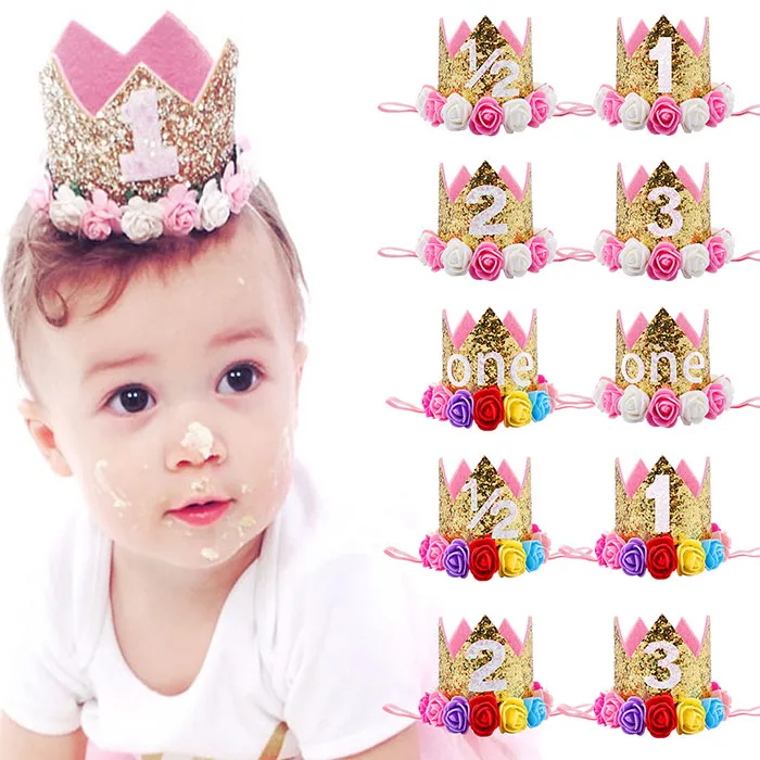 Baby Princess Tiara Crown Babies Flickor / Barn Första Födelsedag Hatt Sparkle Guld Blommestil med Konstgjord Rose Flower
