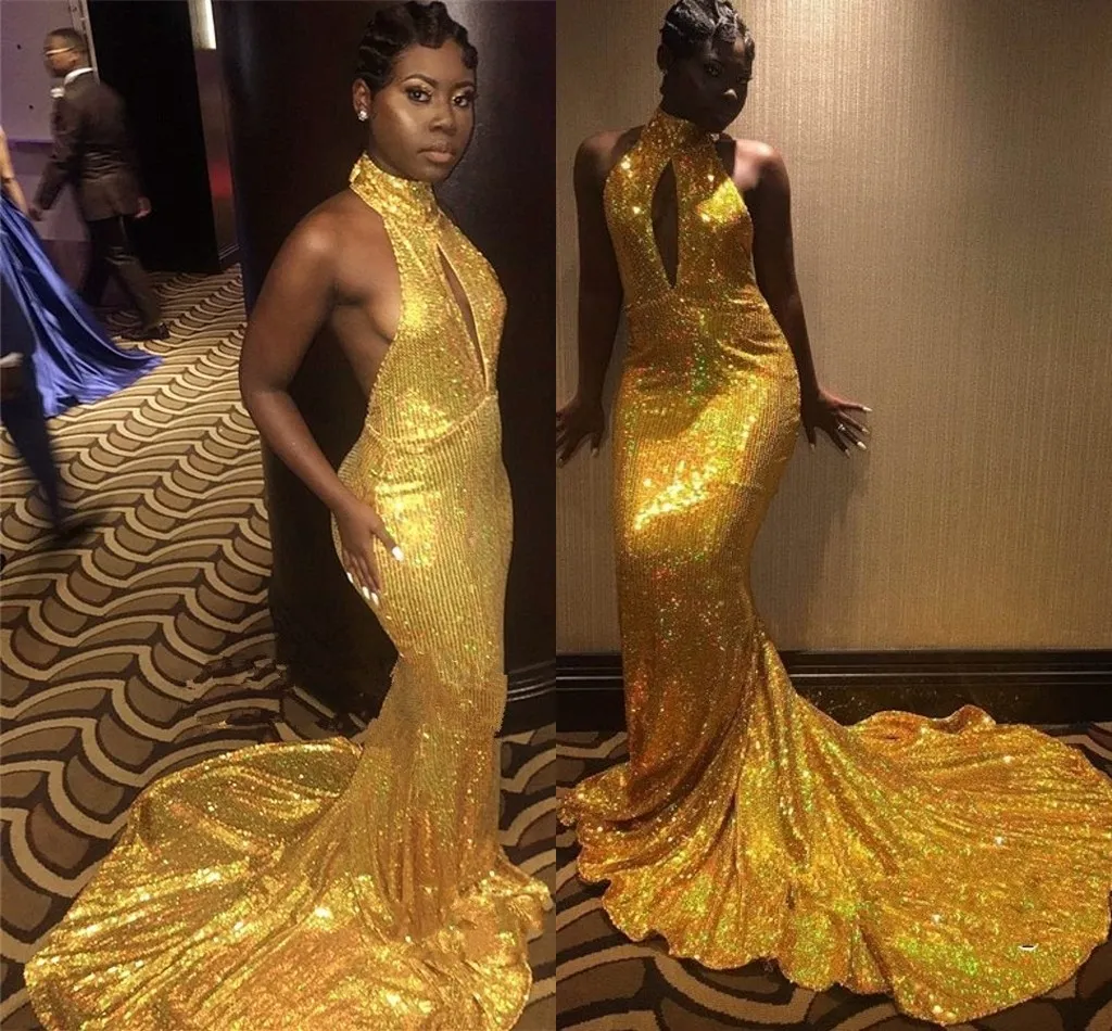 Sereia Africano Vestidos de Baile 2018 Alta Pescoço Lantejoulas Shinning Backless Vestidos de Noite 2K18 Conde Trem Arábia Saudita Vestido de Cocktail Árabe