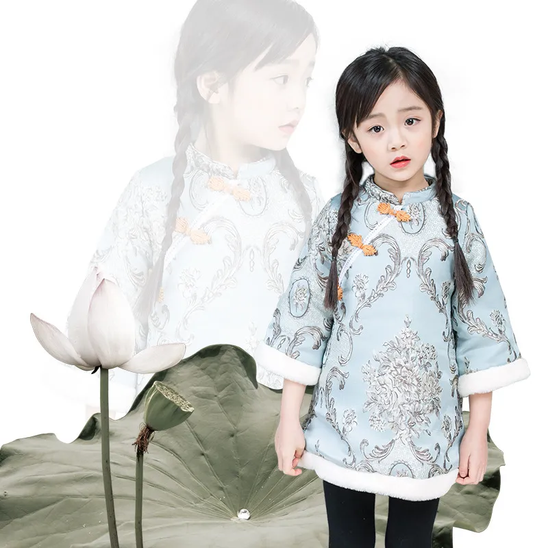 Girls Dresses 2018 New Year Clothes Cheongsam Chinese Style Thick Warm Baby Girls Long Sleeve Princess Dresses Winter Children Clothing