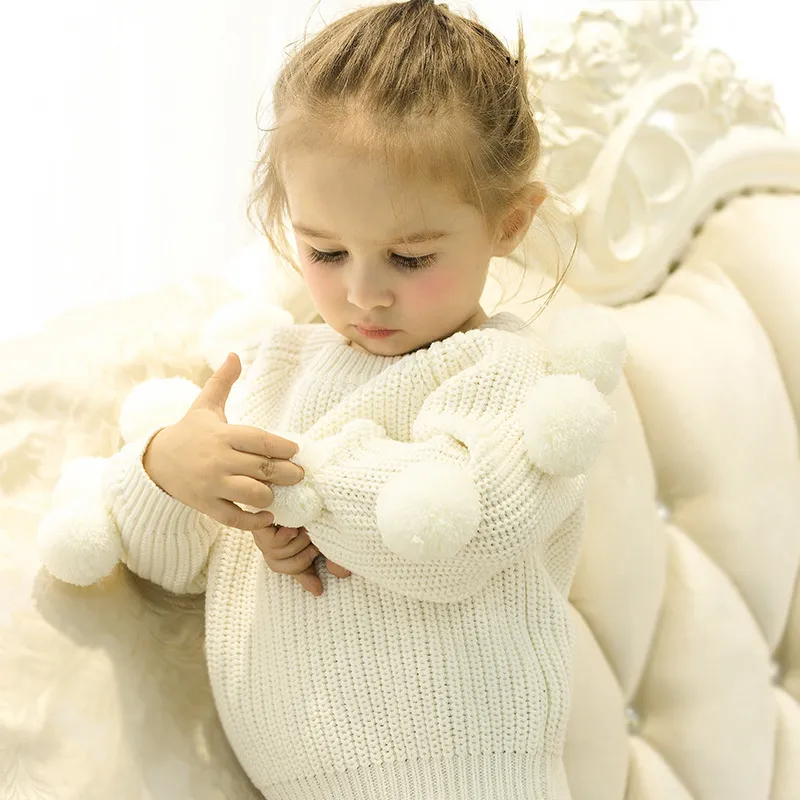 Baby flicka tröja höst vinter spädbarn toddler kläder stickade underbara ull bollar toppar barn tröjor pullover prinsessan eleganta tjejer kläder