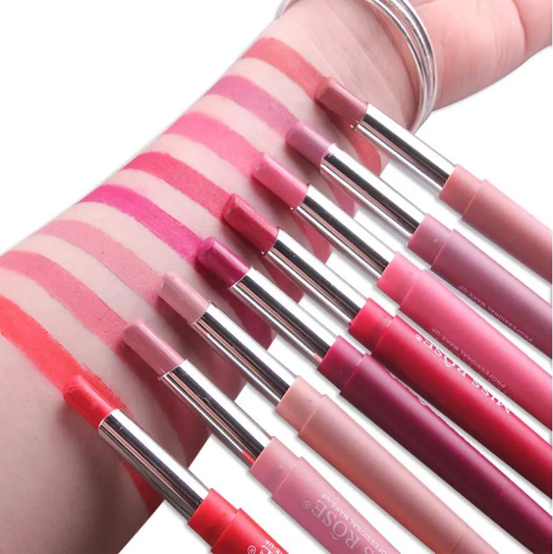 Dubbeländig varaktig lipliner Vattentät Läppfodral Pinnar Penna 8 Färg Multi-Function Lip Liner Lipstick Lip Gloss