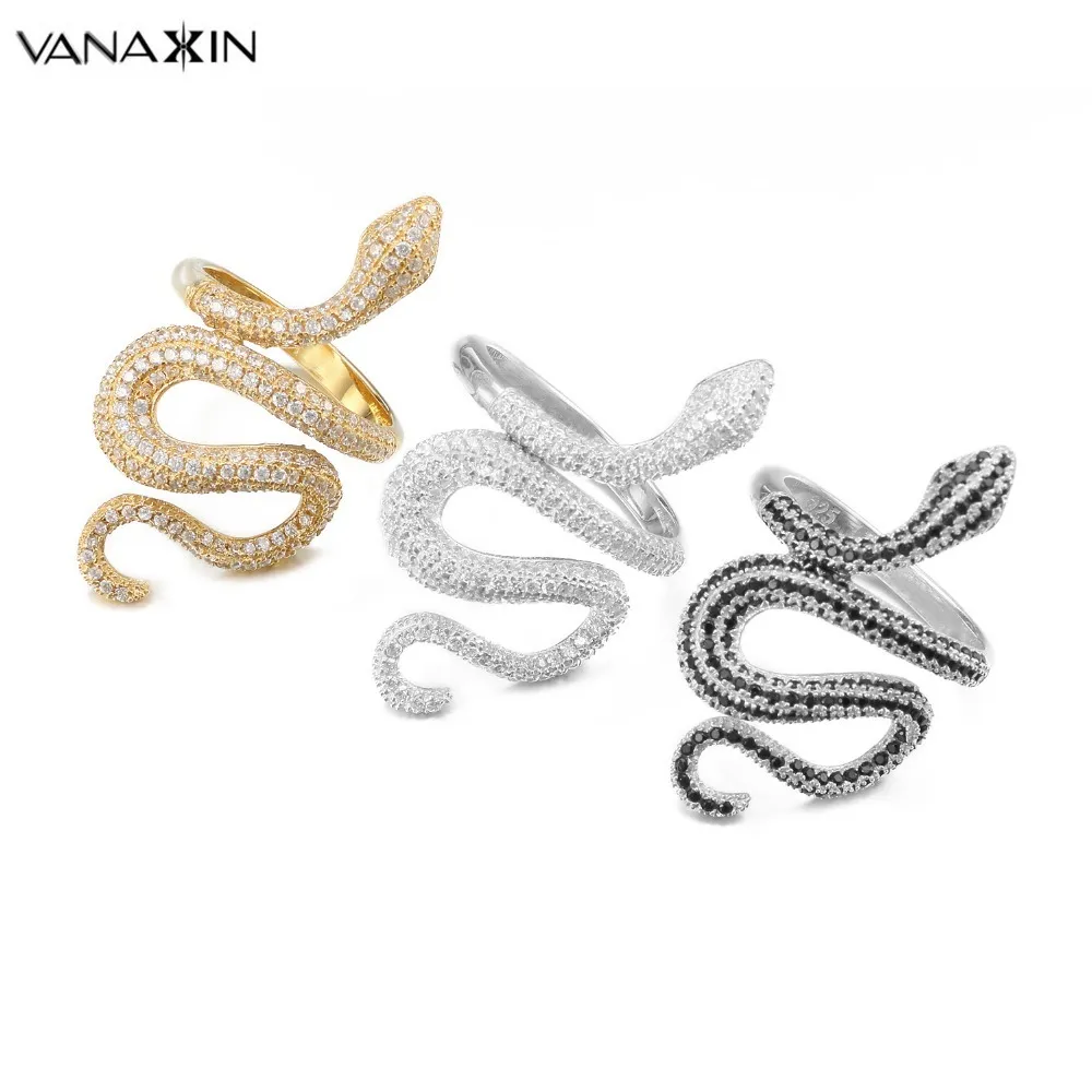 VANAXIN Fashion Snake Rings For Women Punk Rock 925 Silver Ring Jewelry CZ Zircons Paved Shiny Party Gift Animal Wholesale Jewel D18111306