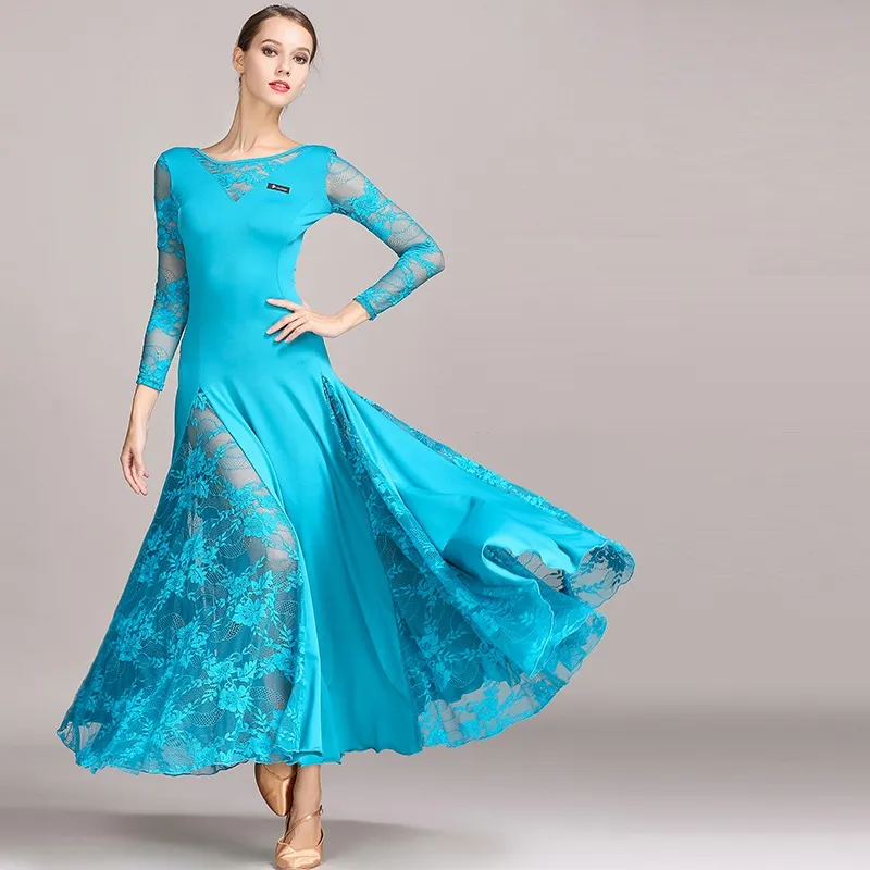 Free Shipping Adult/Women Ballroom Dance Dress Ladies Modern Waltz Tango Standard Competition Practice Lace Stitching Dance Dress Blue Green