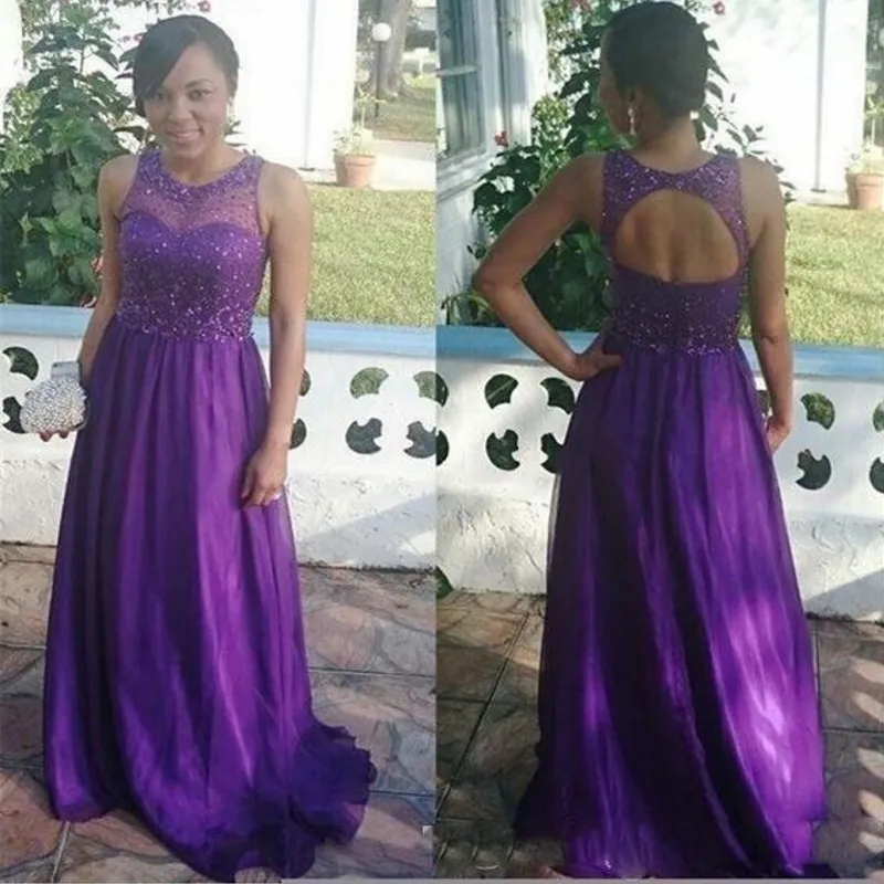 Vestidos de dama de honra longa roxo para casamento oco lantejoulas de lantejoulas frisado chiffon dama dama de dama de damas de dama de comprimento dama de honra