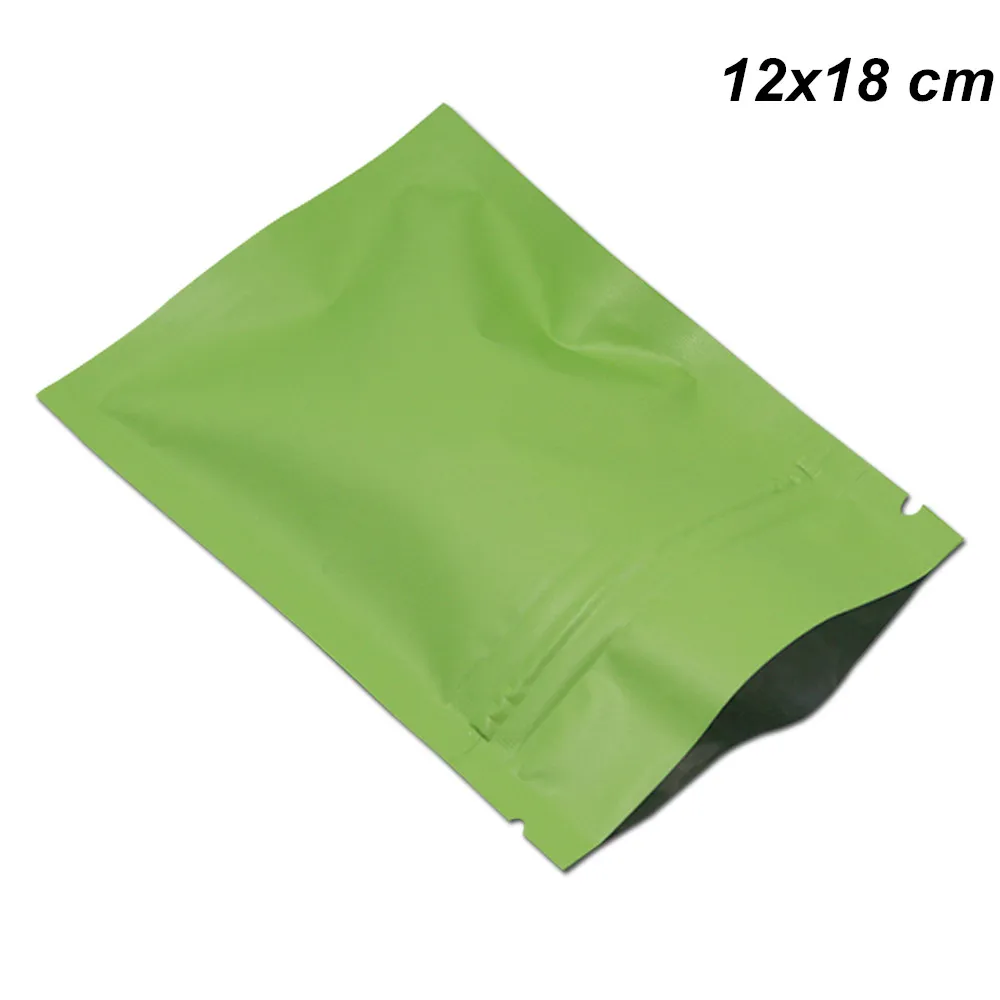 100pcs 12x18 cm Matte verde Foil Zipper Embalagem Sacos Reclosable folha de alumínio Food Grade armazenamento bolsa com zíper seco Fruta Baggies