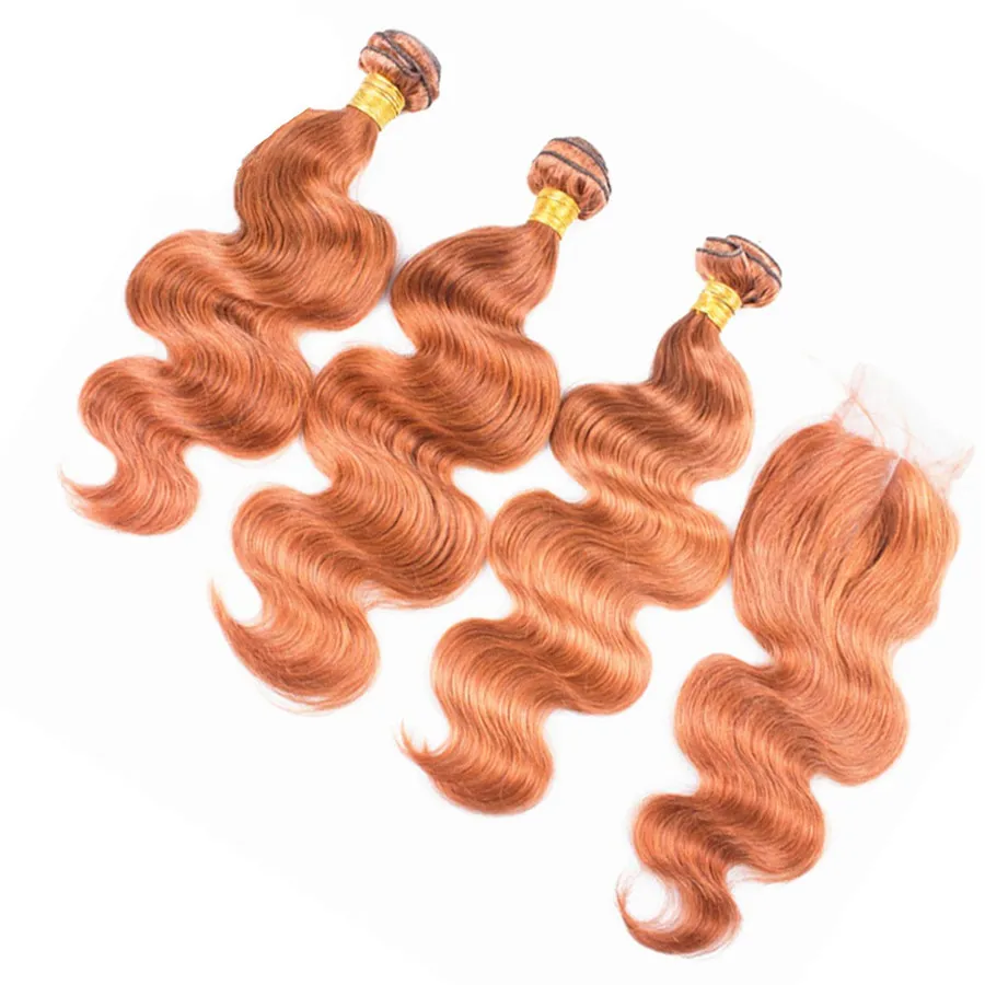 바디 웨이브 오렌지 버진 인간의 머리카락 Weft 레이스 클로저와 함께 3 묶음 4x4 브라질 오렌지 컬러 헤어 익스텐션 클로저와 함께