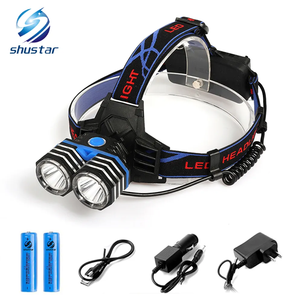 Shustar LED Headlamp 2 x T6 8000 Lumens led headlight 4 lighting modes fishing light lamp camping head lamp + 2x18650 battery