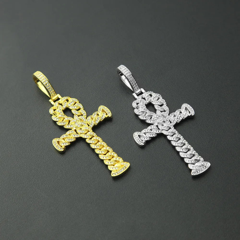 Hiphop Halsband för kvinnor Ny kopparmikro-inställning Zircon Ankh Key Pendant Full Diamond Cuban Chain Cross grossist