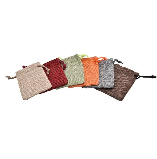 Mini Jute Pouch Linne Hessian Hemp Drawstring Små presentförpackningsväska Bröllopsring Smycken Förpackning Påse GA23